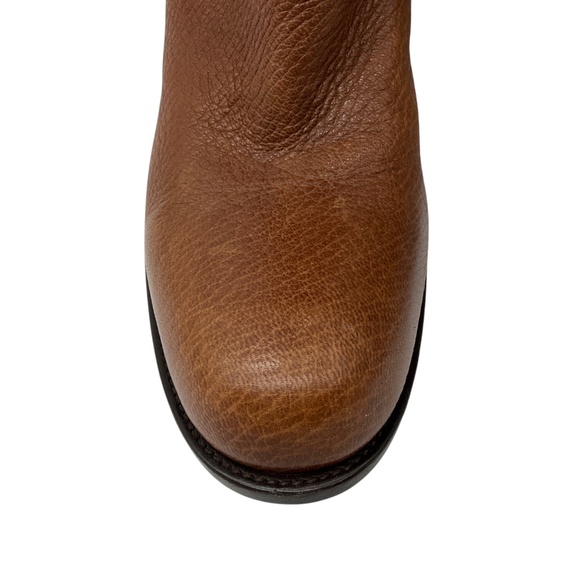 PRADA LIGHT BROWN / GOLD LOGO PLAQUE DISTRESSED LEATHER HIGH BOOTS - Picture 5 of 9